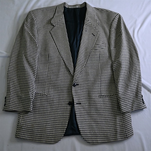 Vtg 90s Blue Beige Big Houndstooth Silk Wool Mens Sport Coat Suit Jacket